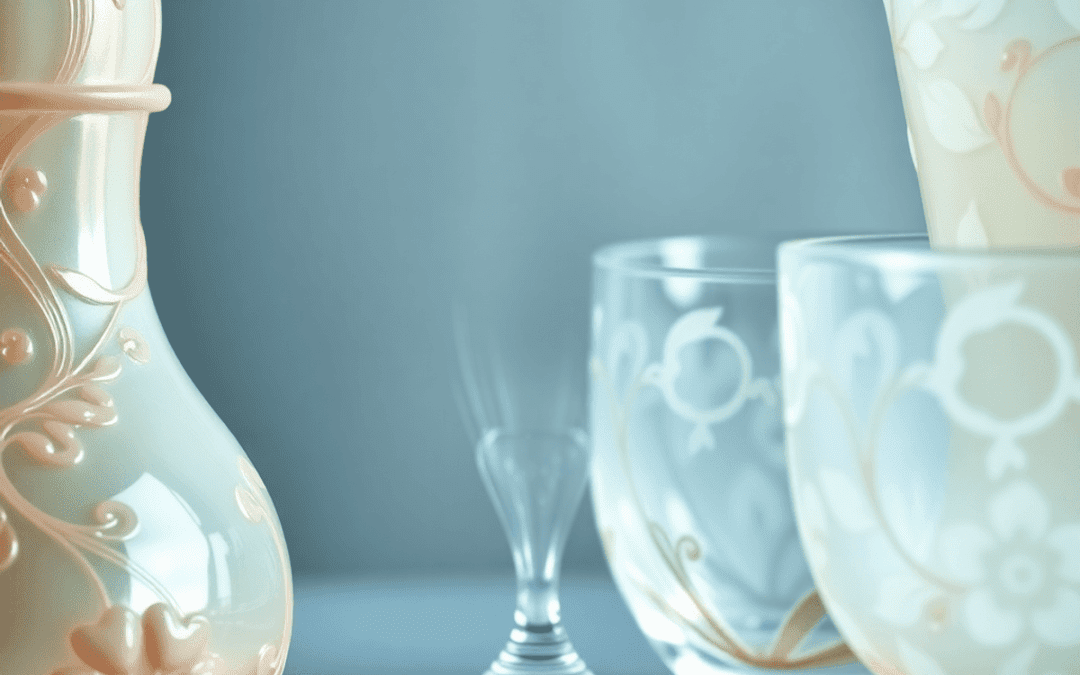 Close-up of elegant Art Nouveau glassware with flowing shapes, pastel colors, and intricate floral patterns against a softly lit background.