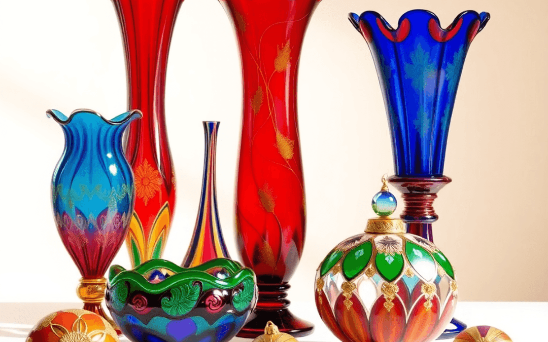 Colorful Bohemian art glass vases, bowls, and ornaments with intricate designs and gold accents on a softly lit neutral background.